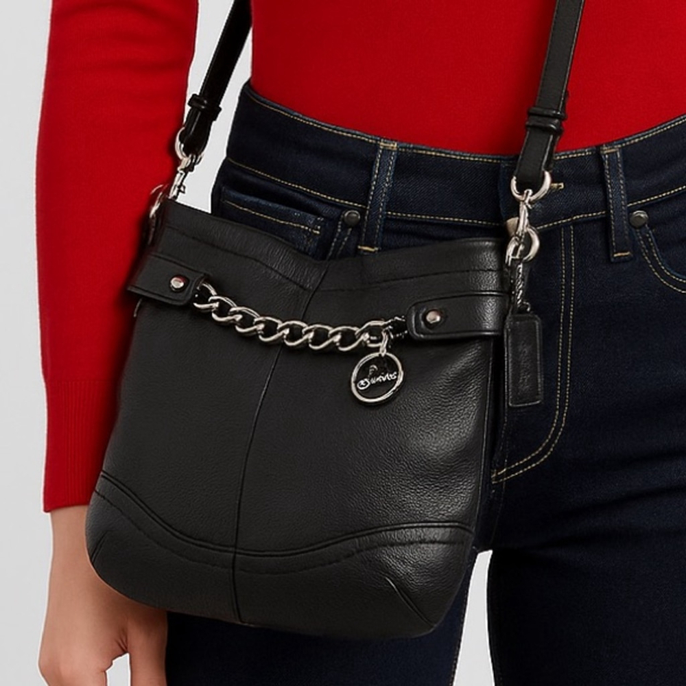 Coach Black Pebbled Leather Crossbody Bag – Style F19722 – Silver Chain Detail